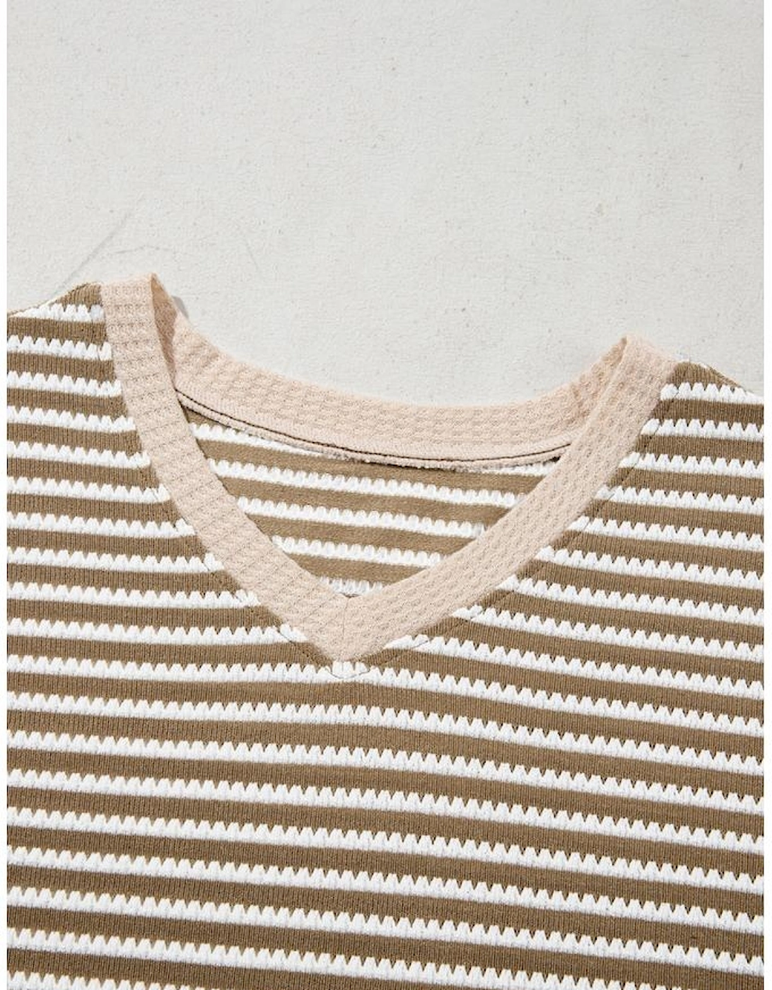 Khaki Stripe Textured Dolman Sleeve High Low Plus Size Top