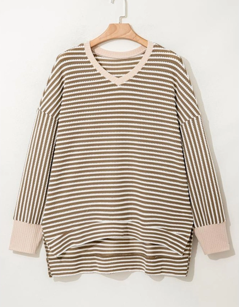 Khaki Stripe Textured Dolman Sleeve High Low Plus Size Top