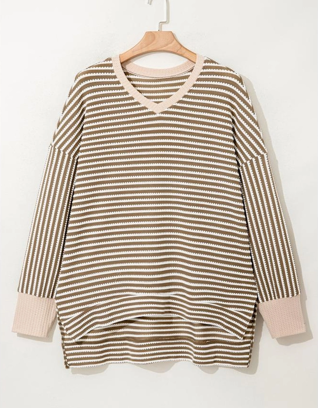 Khaki Stripe Textured Dolman Sleeve High Low Plus Size Top