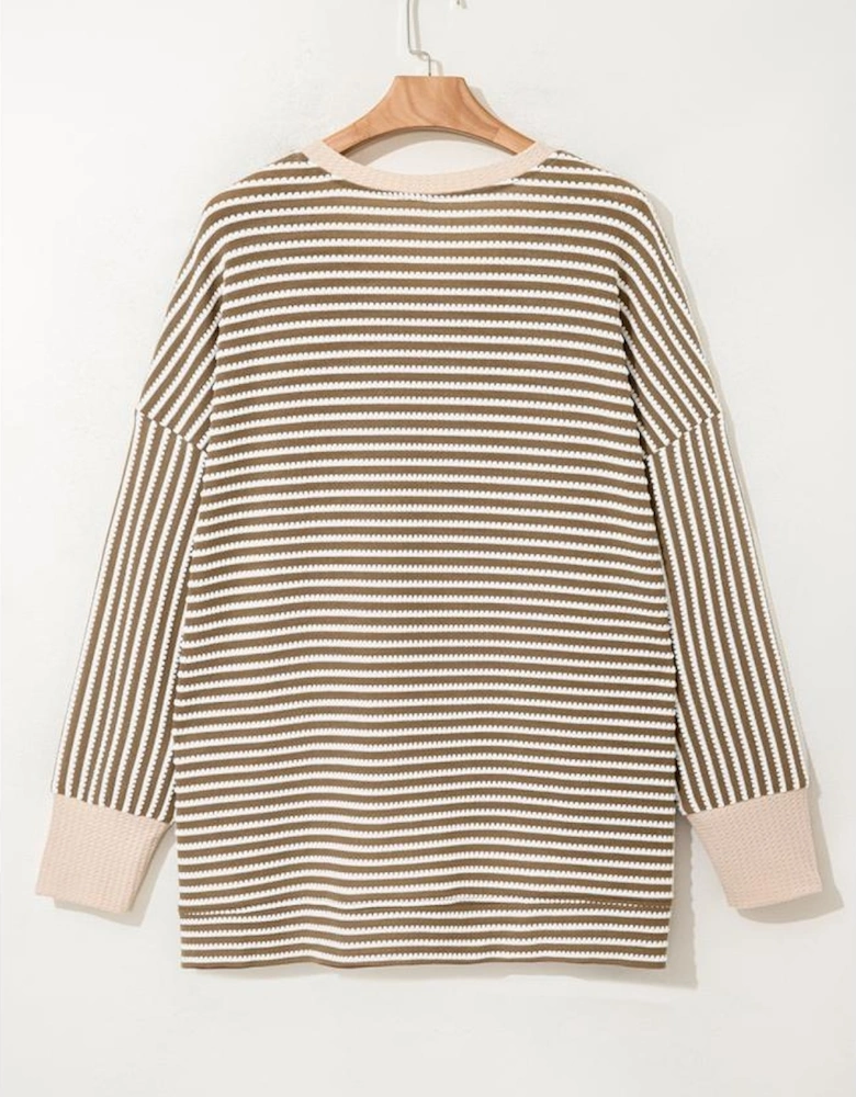 Khaki Stripe Textured Dolman Sleeve High Low Plus Size Top
