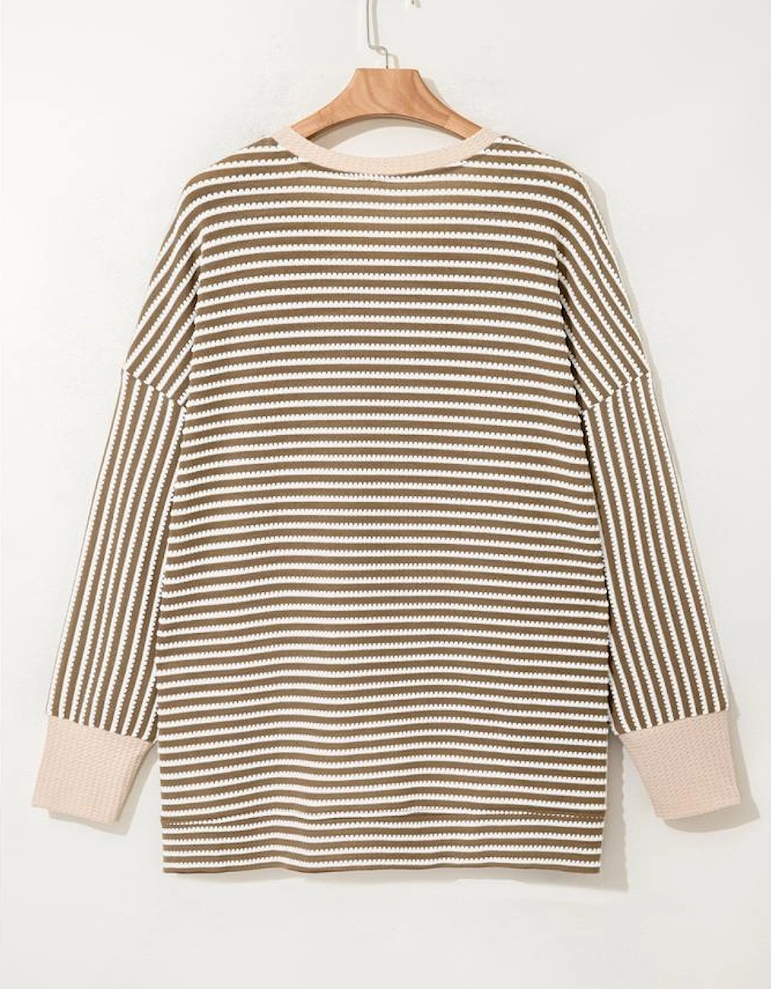 Khaki Stripe Textured Dolman Sleeve High Low Plus Size Top