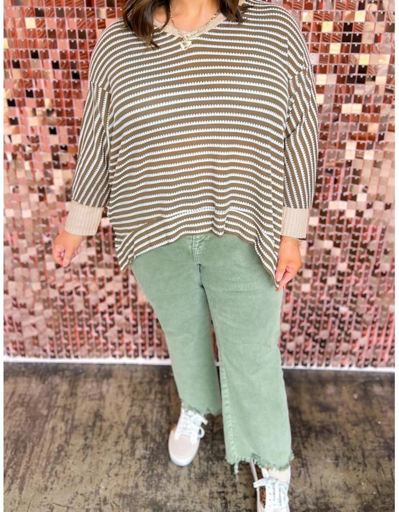 Khaki Stripe Textured Dolman Sleeve High Low Plus Size Top