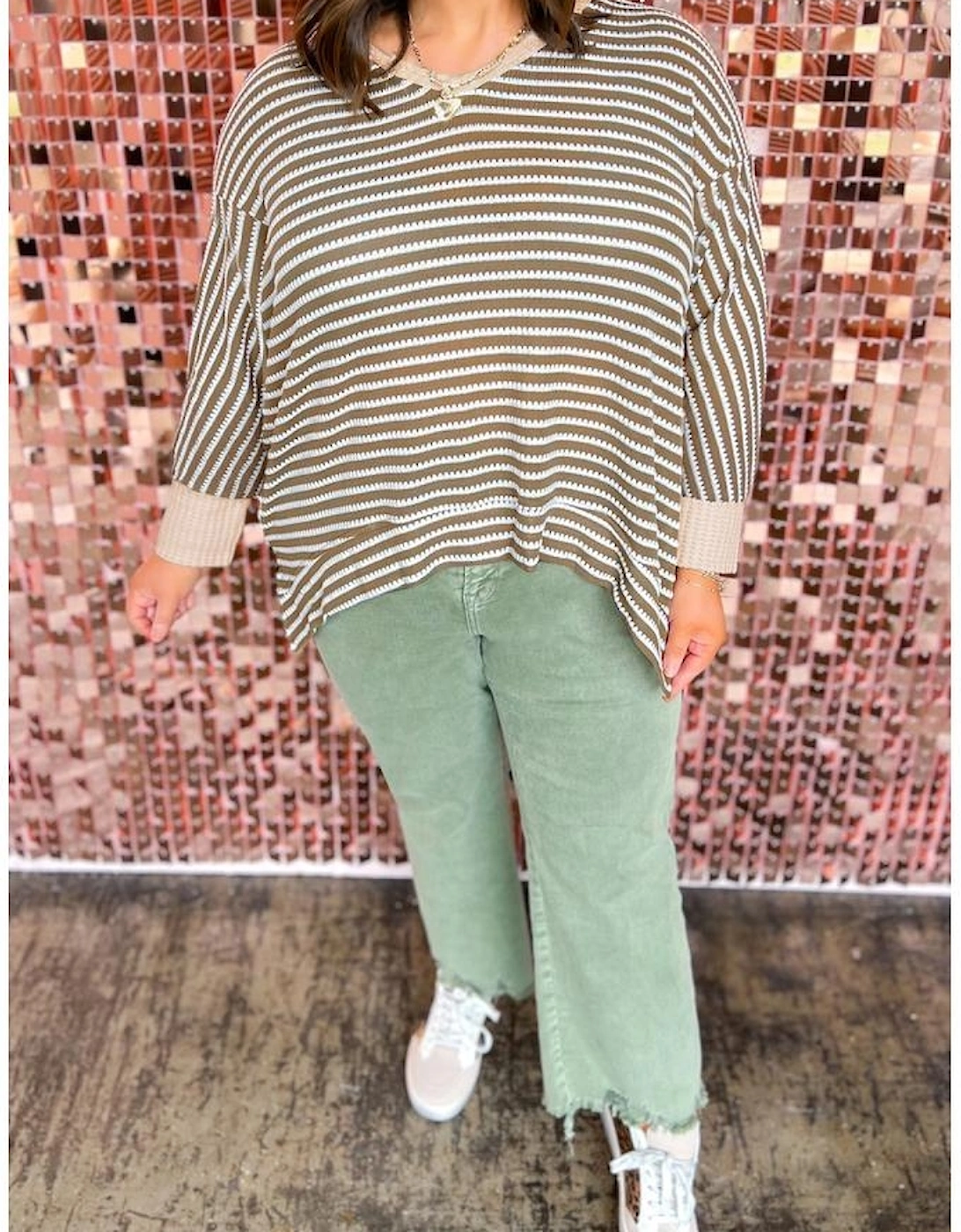 Khaki Stripe Textured Dolman Sleeve High Low Plus Size Top, 9 of 8