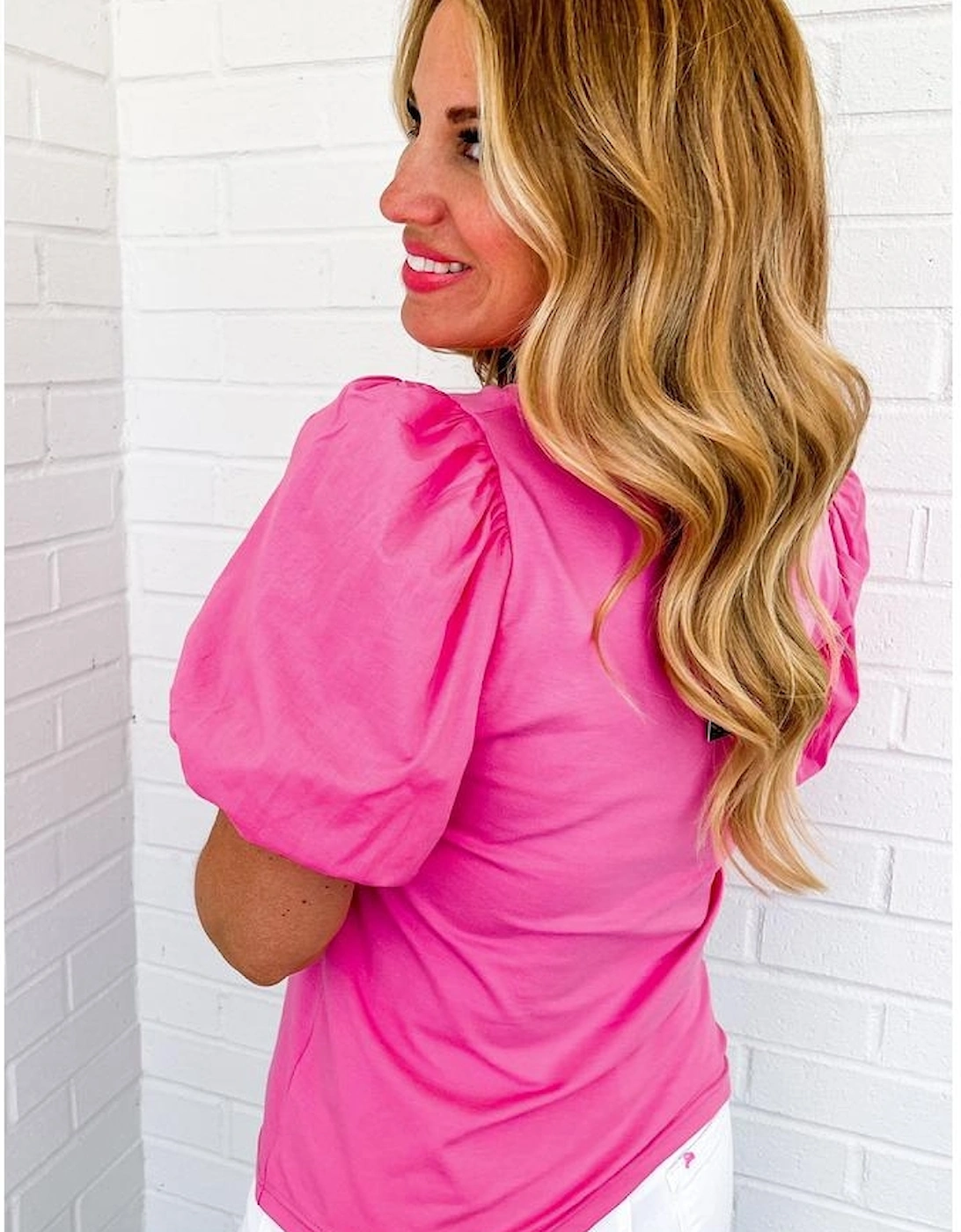 Strawberry Pink Casual Round Neck Bubble Sleeve T-shirt, 11 of 10