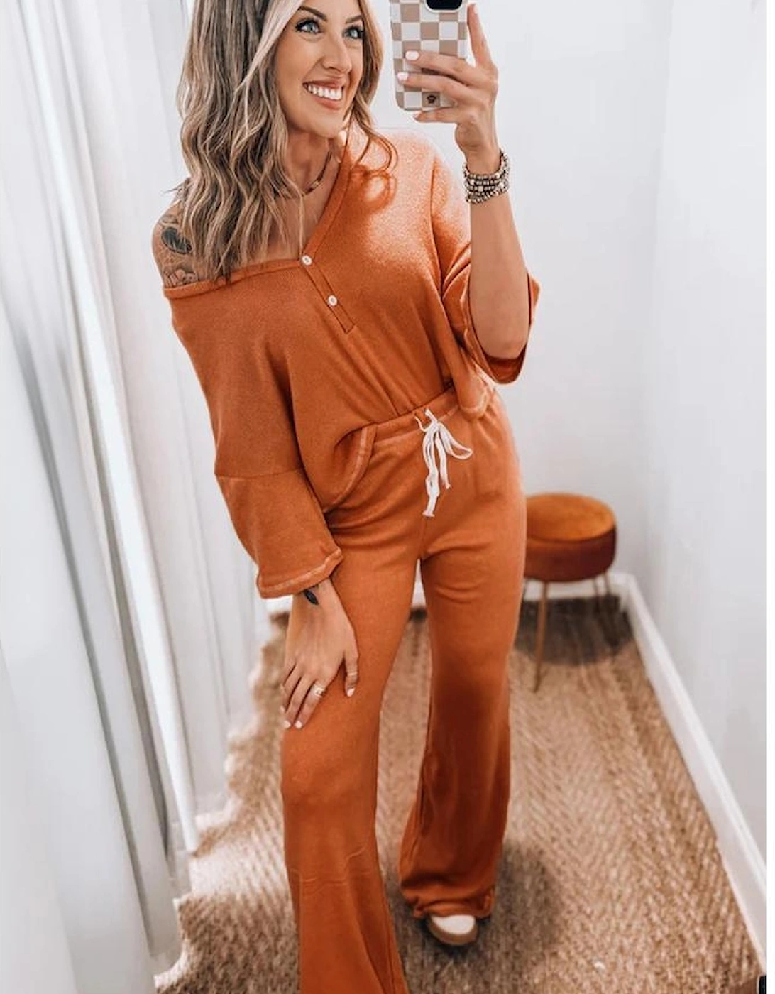 Grapefruit Orange Contrast Stitching Buttoned V Neck Half Sleeve Top and Drawstring Flare Pants Set, 3 of 2