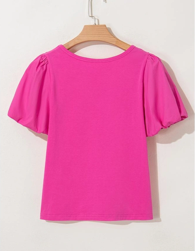Strawberry Pink Casual Round Neck Bubble Sleeve T-shirt