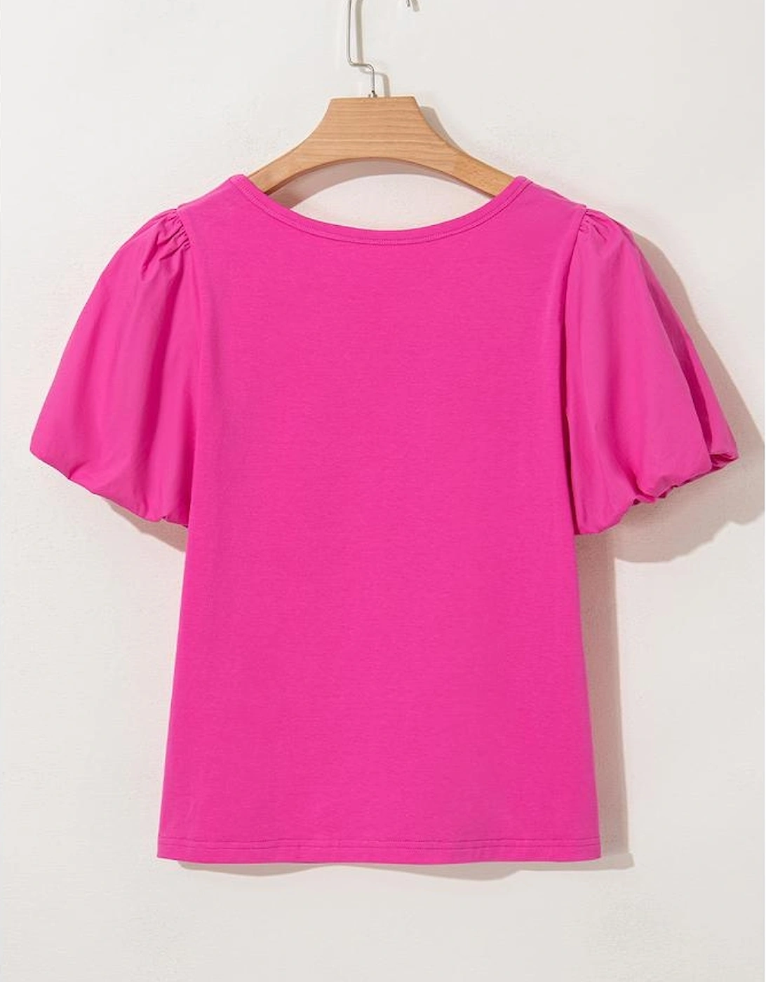 Strawberry Pink Casual Round Neck Bubble Sleeve T-shirt