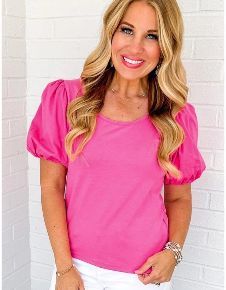 Strawberry Pink Casual Round Neck Bubble Sleeve T-shirt