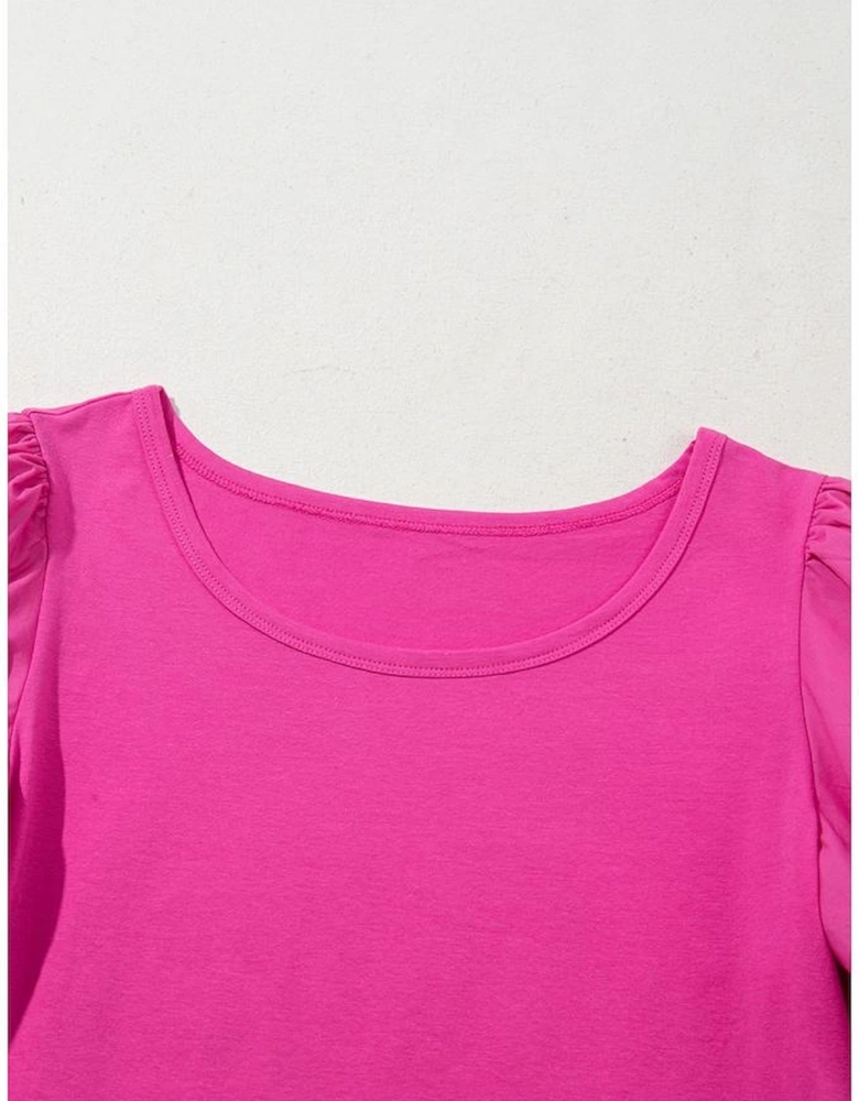 Strawberry Pink Casual Round Neck Bubble Sleeve T-shirt