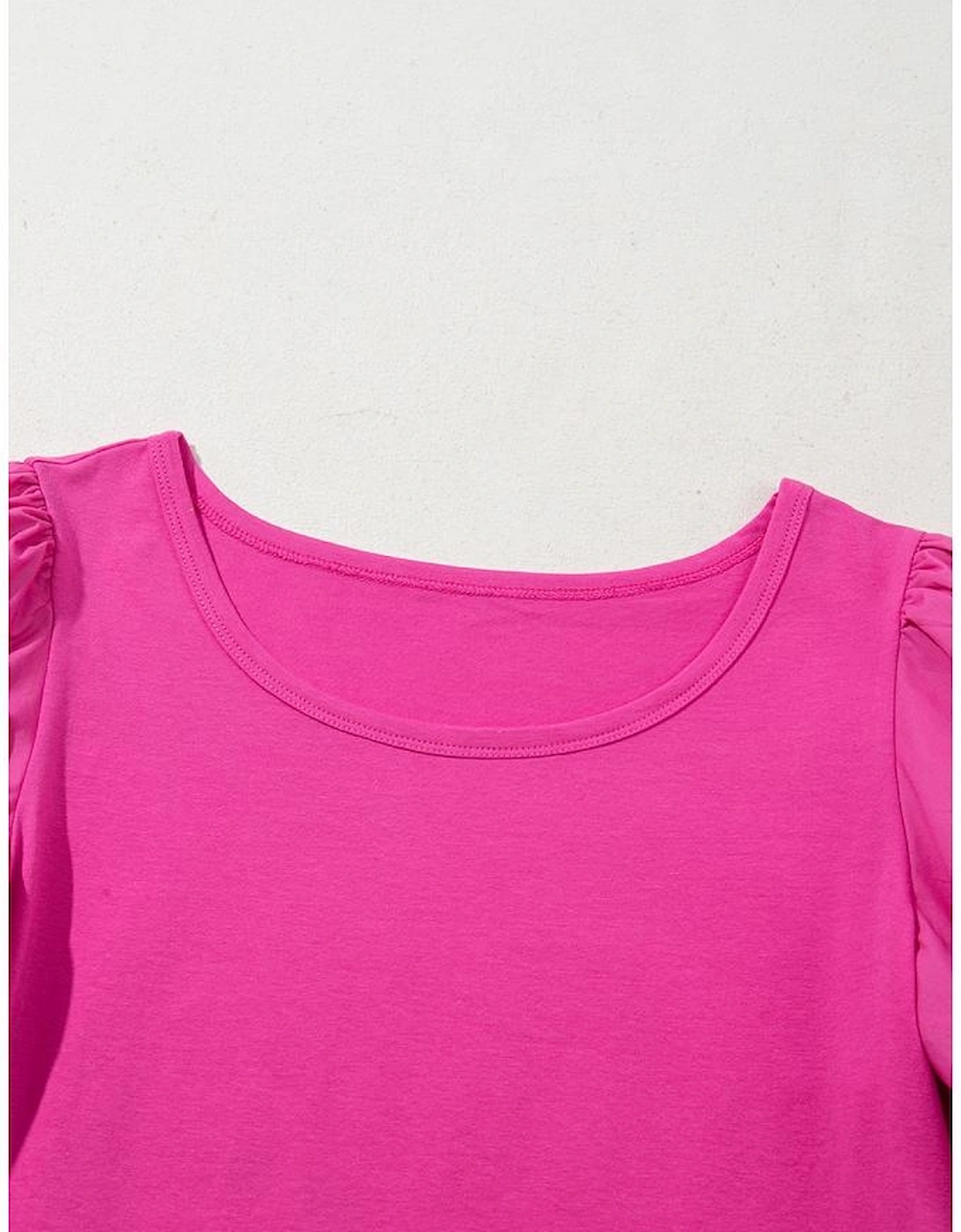 Strawberry Pink Casual Round Neck Bubble Sleeve T-shirt