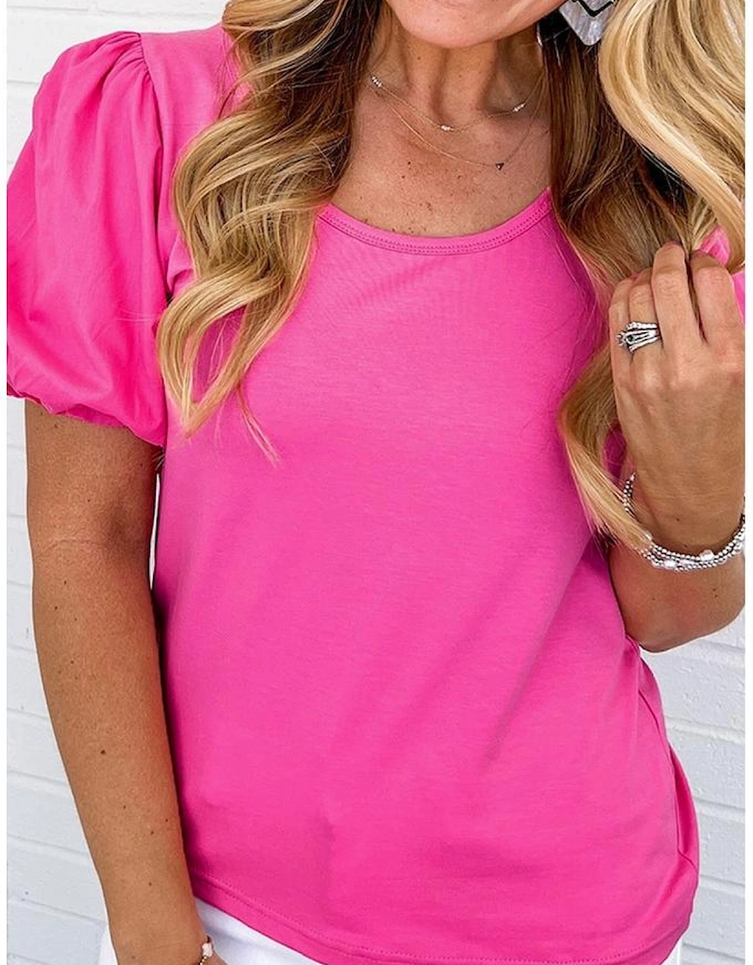 Strawberry Pink Casual Round Neck Bubble Sleeve T-shirt