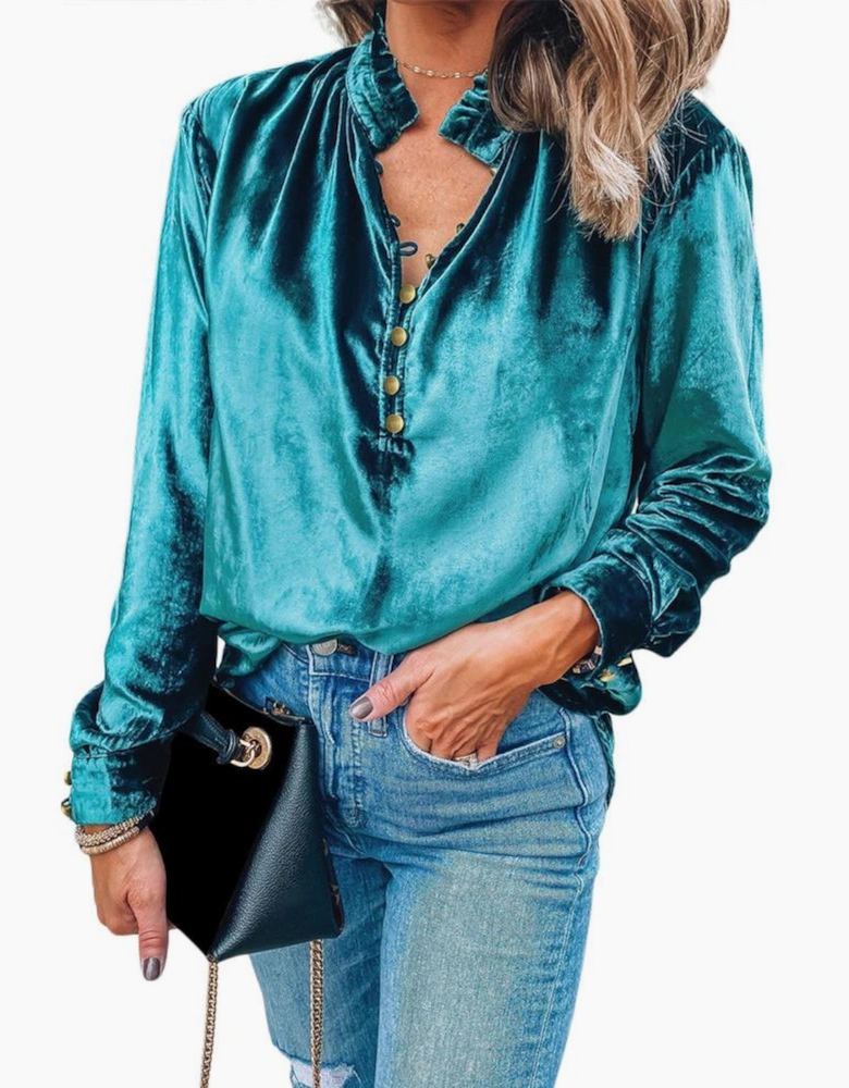 Green Frilled Neck Buttoned Front Velvet Top