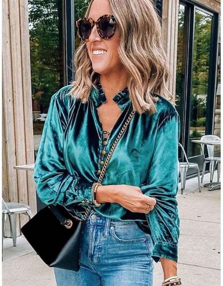 Green Frilled Neck Buttoned Front Velvet Top