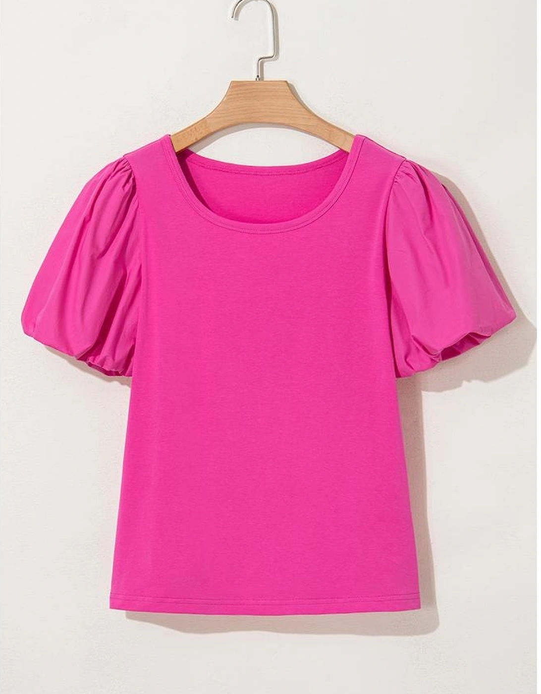 Strawberry Pink Casual Round Neck Bubble Sleeve T-shirt