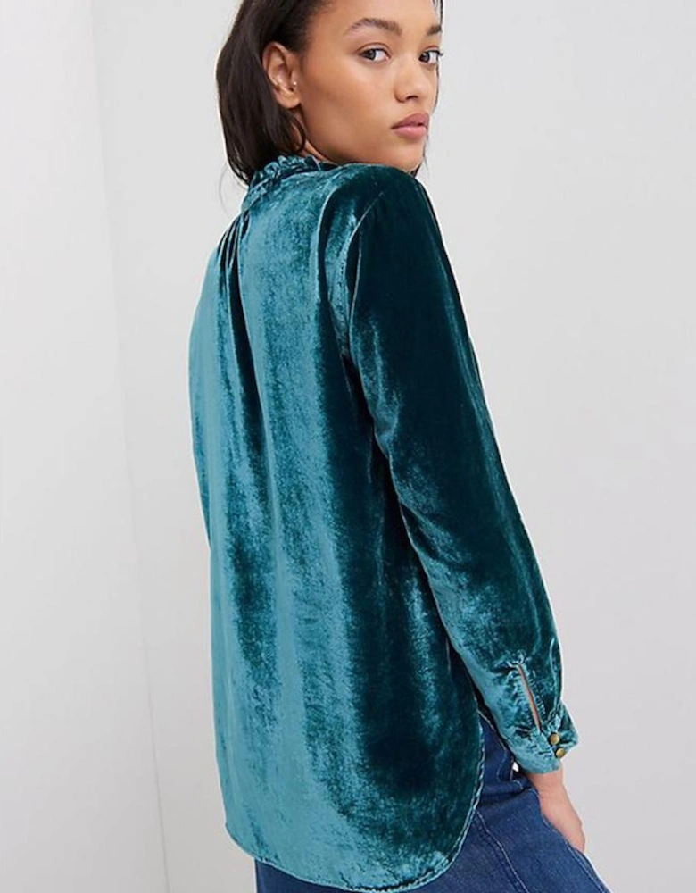 Green Frilled Neck Buttoned Front Velvet Top