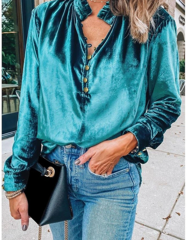 Green Frilled Neck Buttoned Front Velvet Top