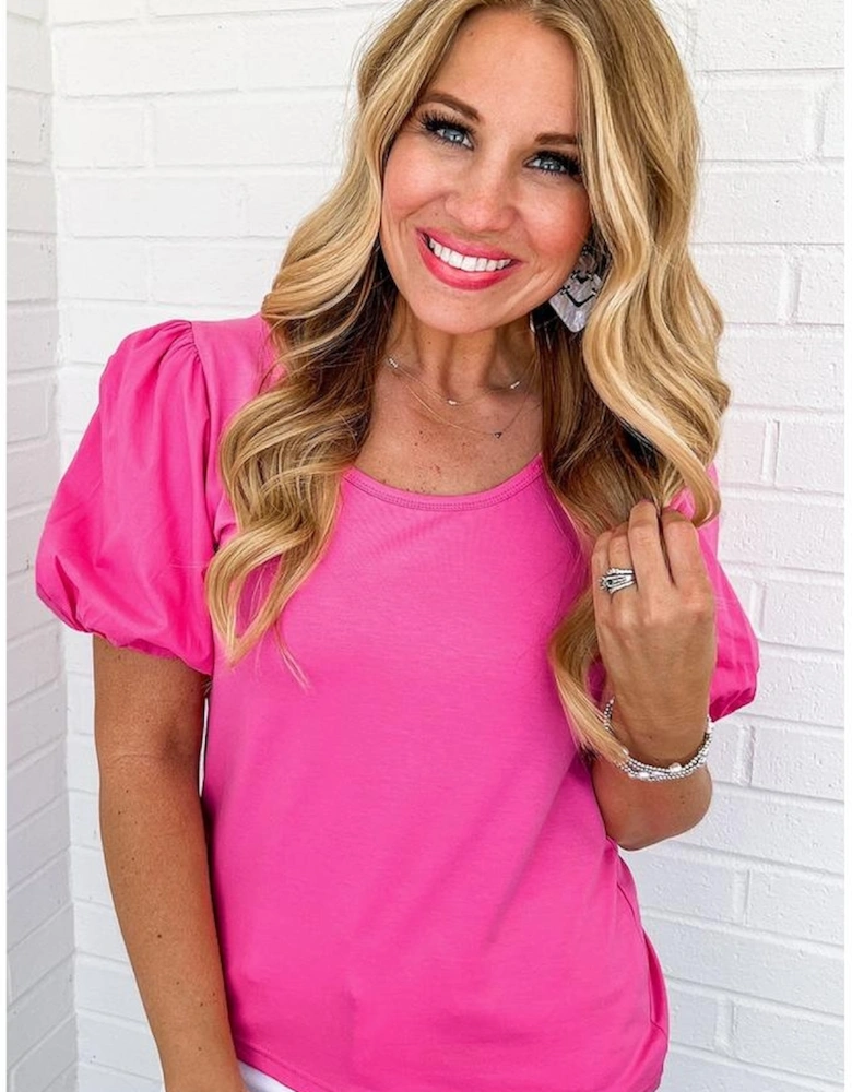 Strawberry Pink Casual Round Neck Bubble Sleeve T-shirt