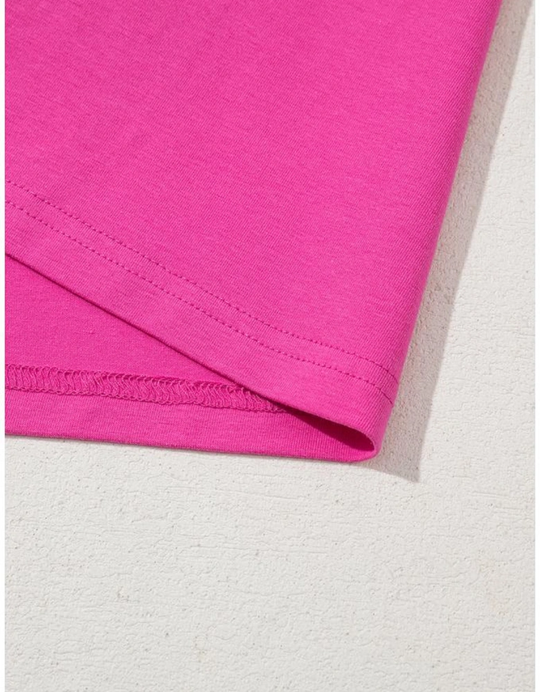 Strawberry Pink Casual Round Neck Bubble Sleeve T-shirt