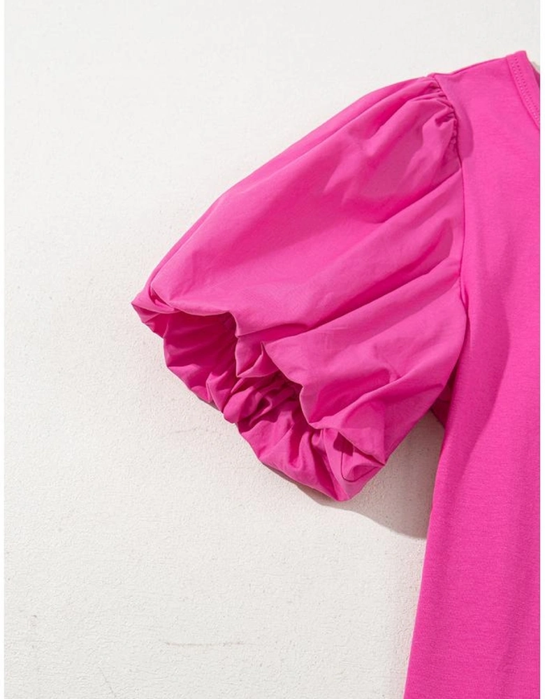 Strawberry Pink Casual Round Neck Bubble Sleeve T-shirt