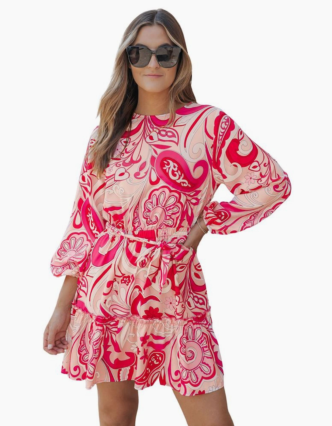 Paisley Printed Button Keyhole Back Belted Mini Dress