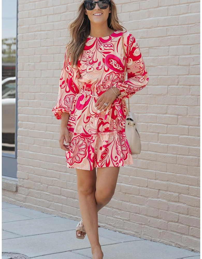 Paisley Printed Button Keyhole Back Belted Mini Dress