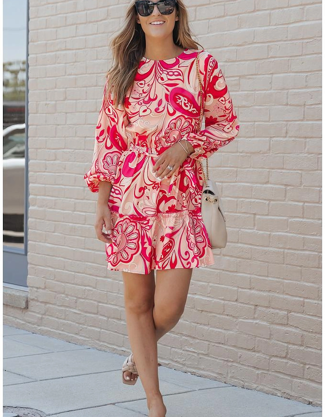 Paisley Printed Button Keyhole Back Belted Mini Dress