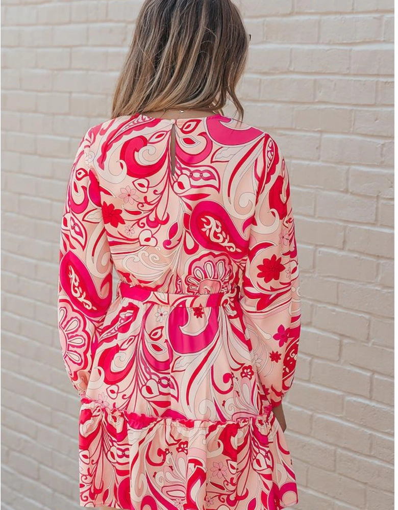 Paisley Printed Button Keyhole Back Belted Mini Dress