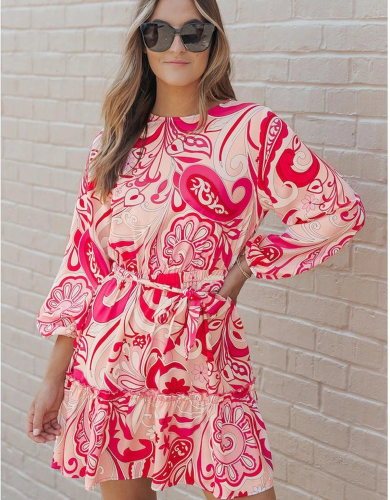 Paisley Printed Button Keyhole Back Belted Mini Dress