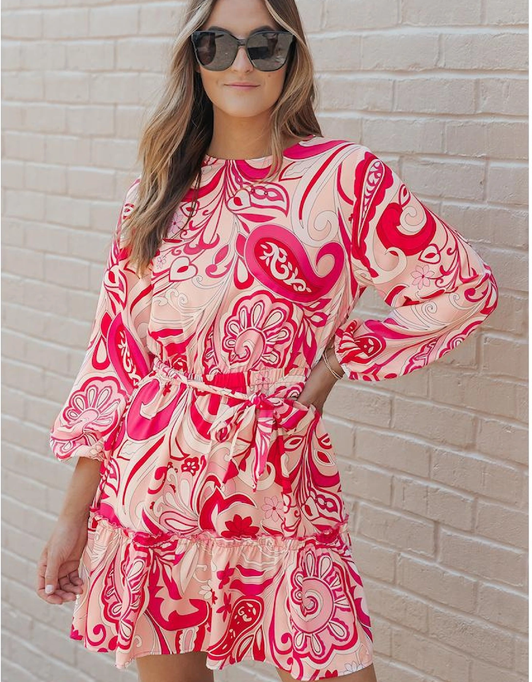 Paisley Printed Button Keyhole Back Belted Mini Dress