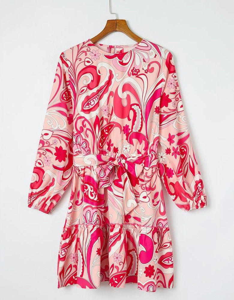 Paisley Printed Button Keyhole Back Belted Mini Dress
