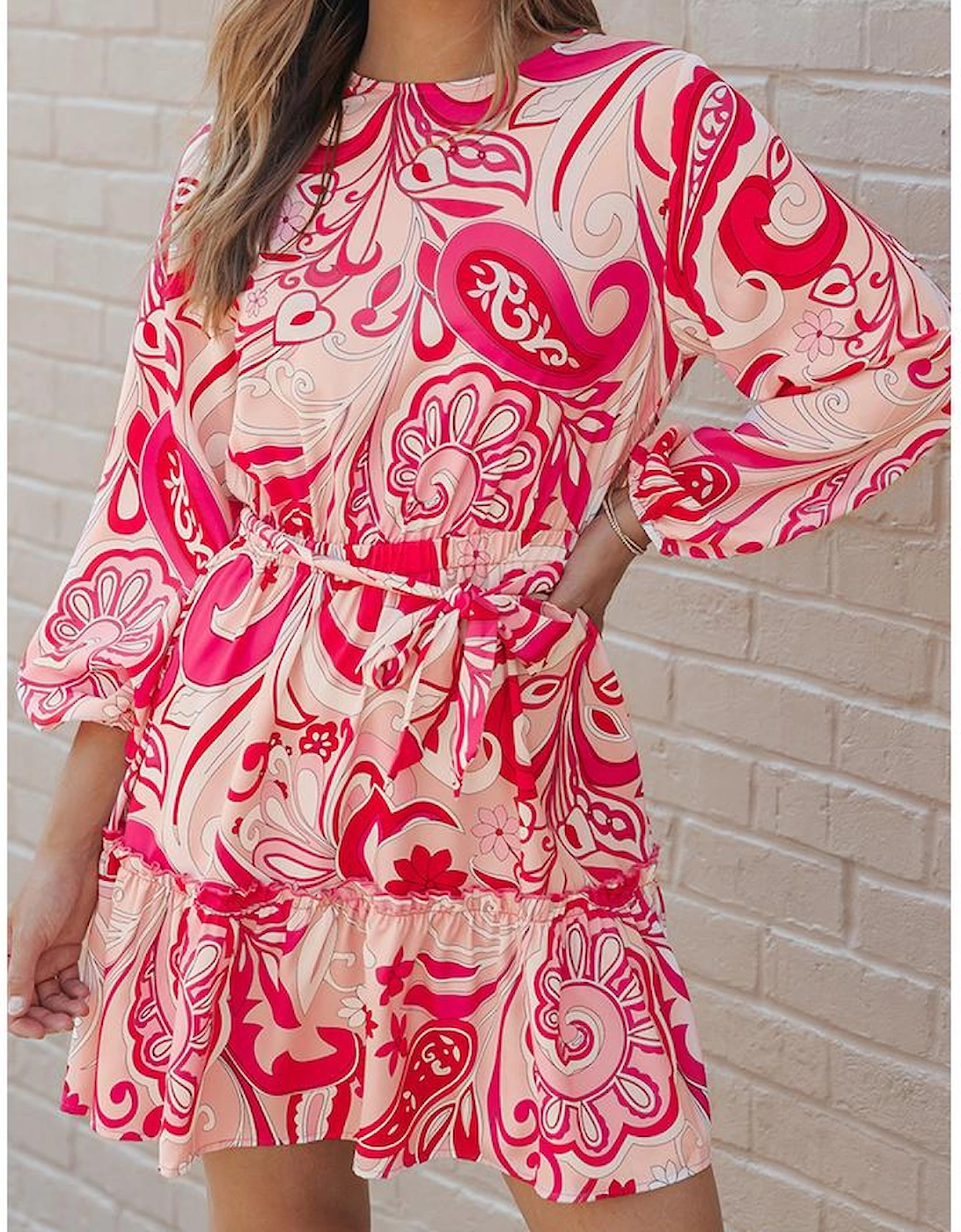 Paisley Printed Button Keyhole Back Belted Mini Dress