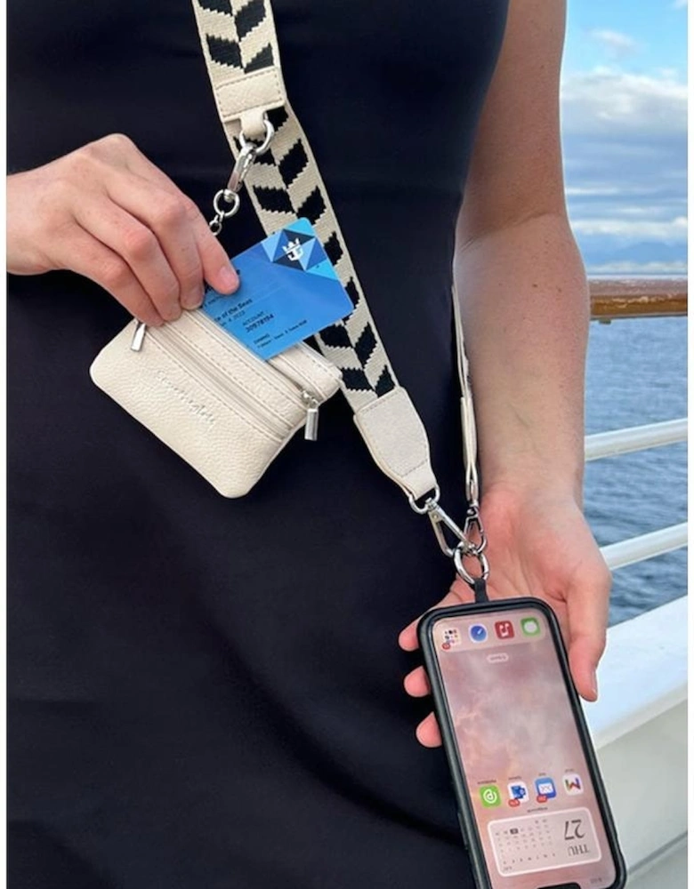 Black Geometric Printed Phone Strap And Detachable Zipped Pouch