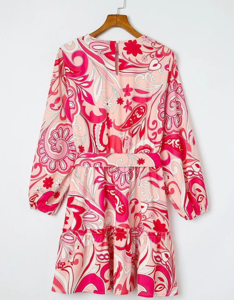 Paisley Printed Button Keyhole Back Belted Mini Dress