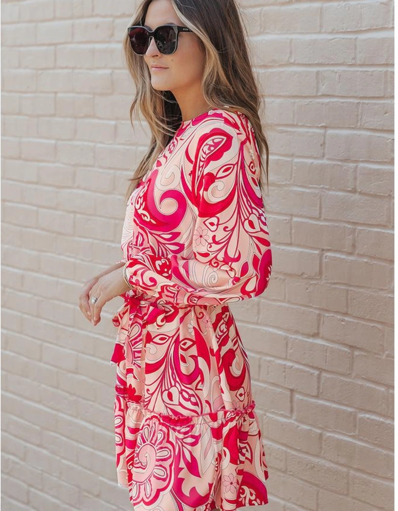 Paisley Printed Button Keyhole Back Belted Mini Dress