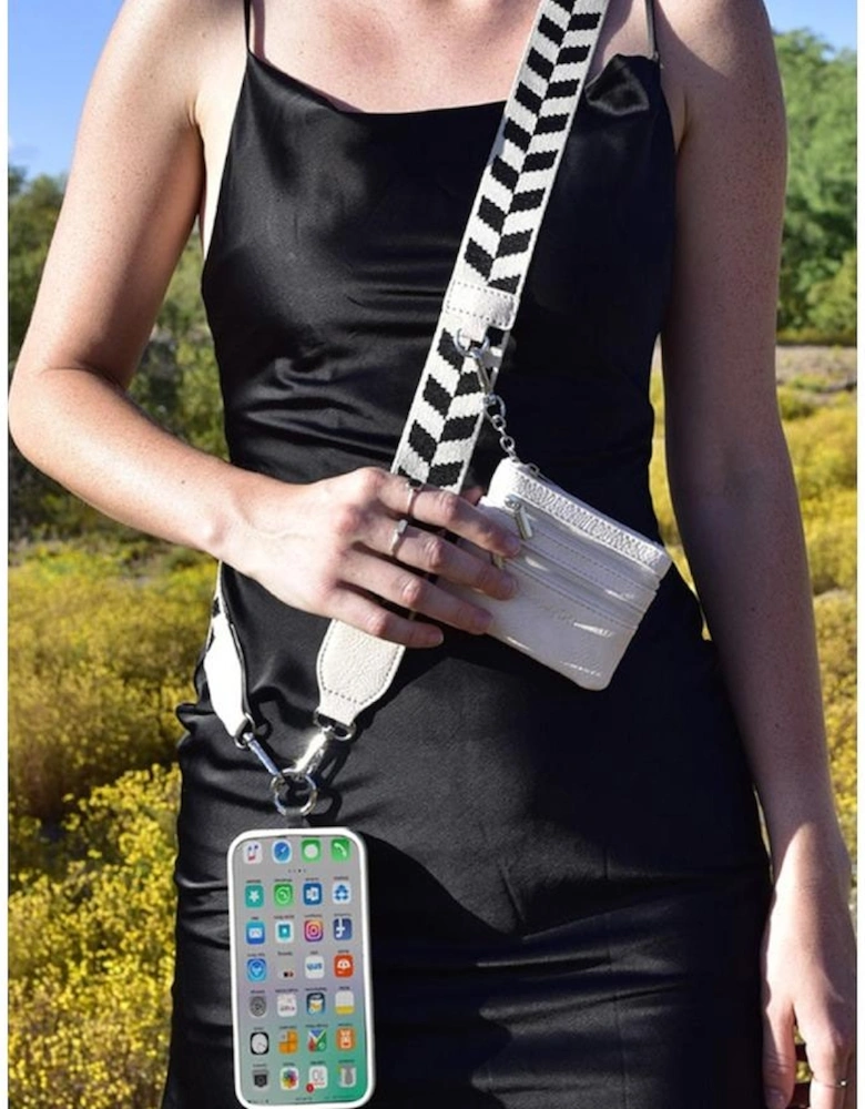 Black Geometric Printed Phone Strap And Detachable Zipped Pouch