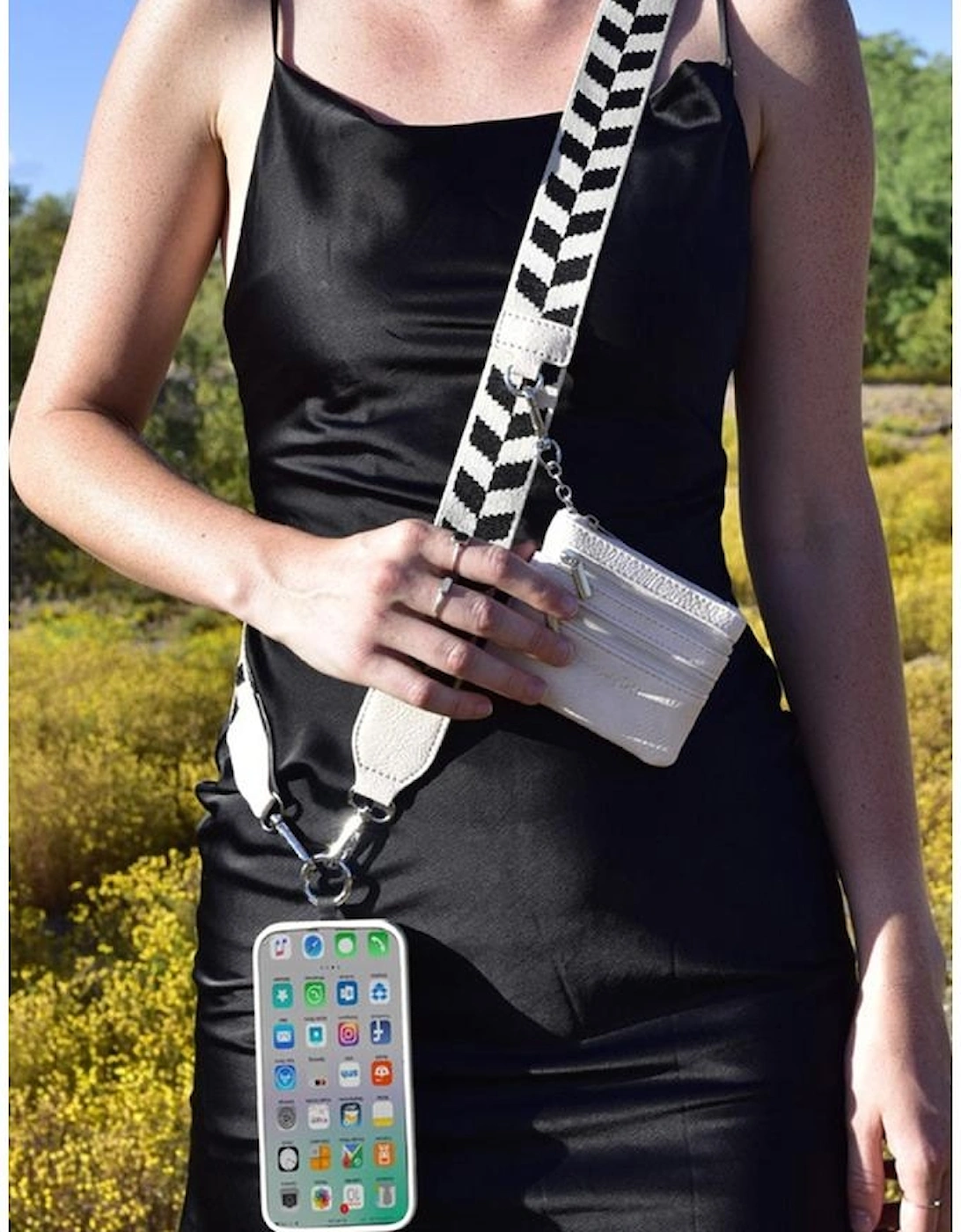 Black Geometric Printed Phone Strap And Detachable Zipped Pouch