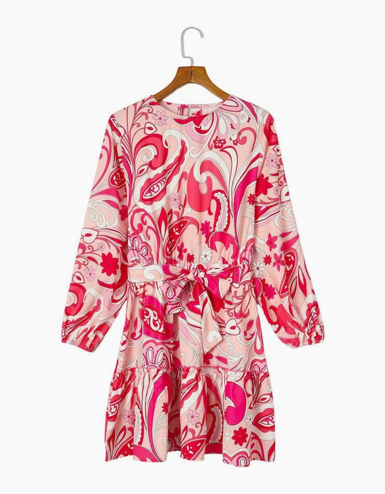 Paisley Printed Button Keyhole Back Belted Mini Dress
