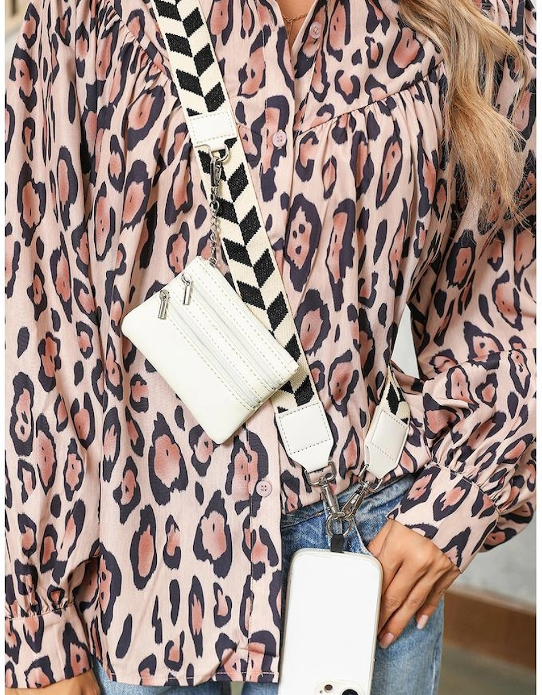 Black Geometric Printed Phone Strap And Detachable Zipped Pouch