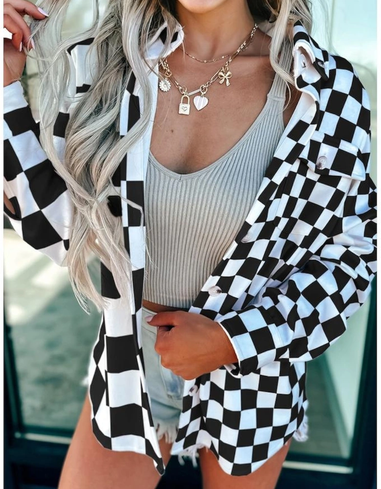 Black Checkerboard Flap Pocket Button Front Shacket