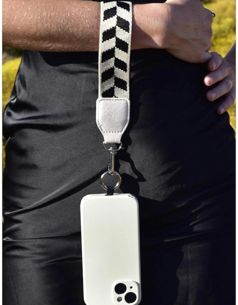 Black Geometric Printed Phone Strap And Detachable Zipped Pouch