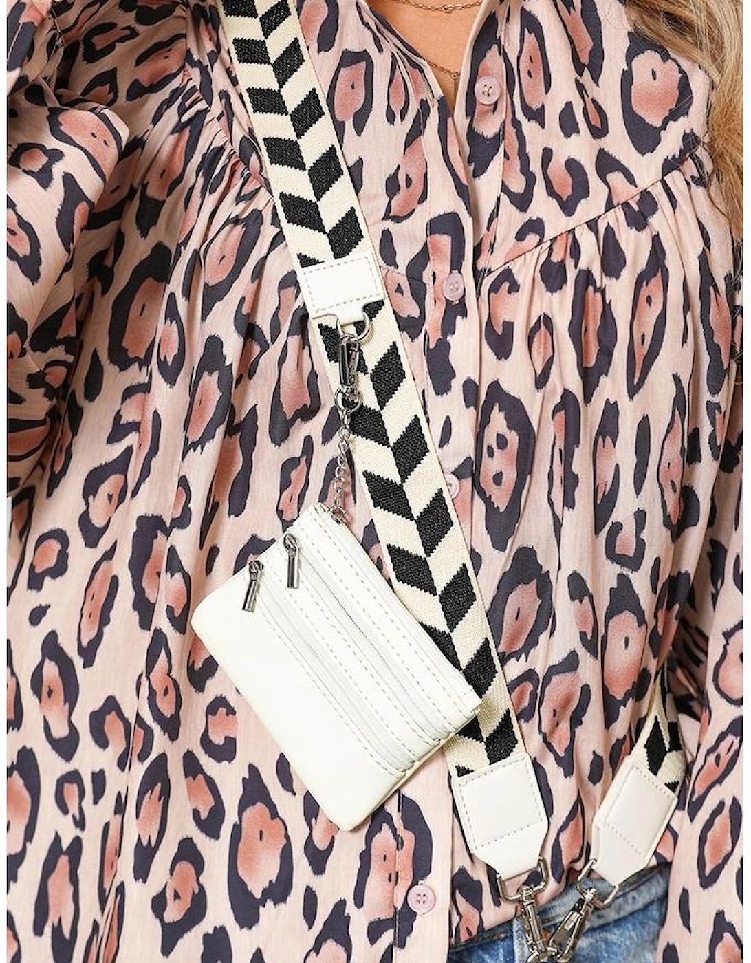 Black Geometric Printed Phone Strap And Detachable Zipped Pouch