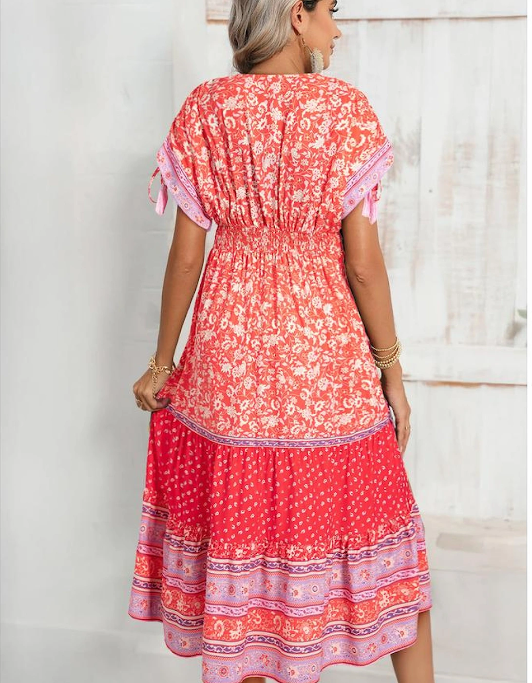 Red Floral Print Tasseled Tied Sleeve Empire Waist Maxi Dress, 5 of 4