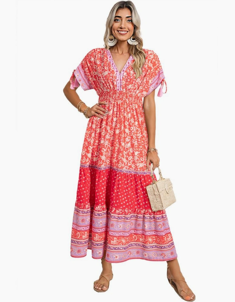 Red Floral Print Tasseled Tied Sleeve Empire Waist Maxi Dress