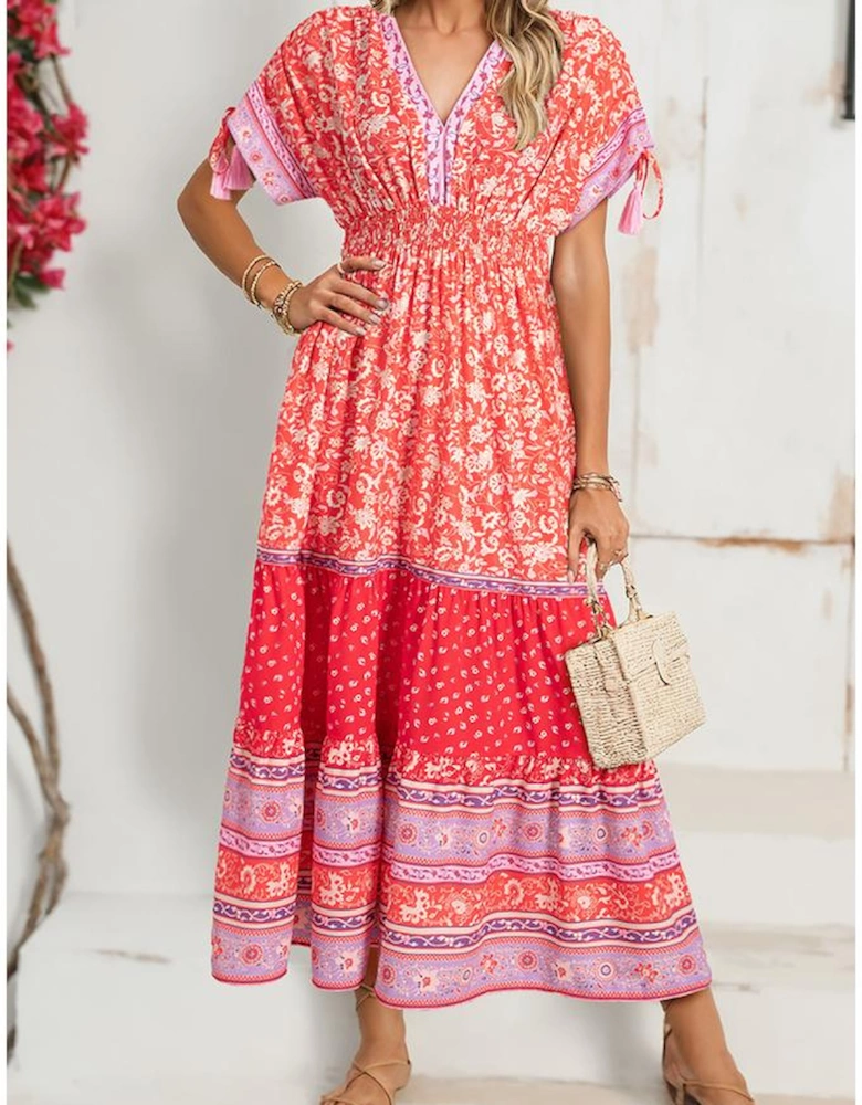 Red Floral Print Tasseled Tied Sleeve Empire Waist Maxi Dress
