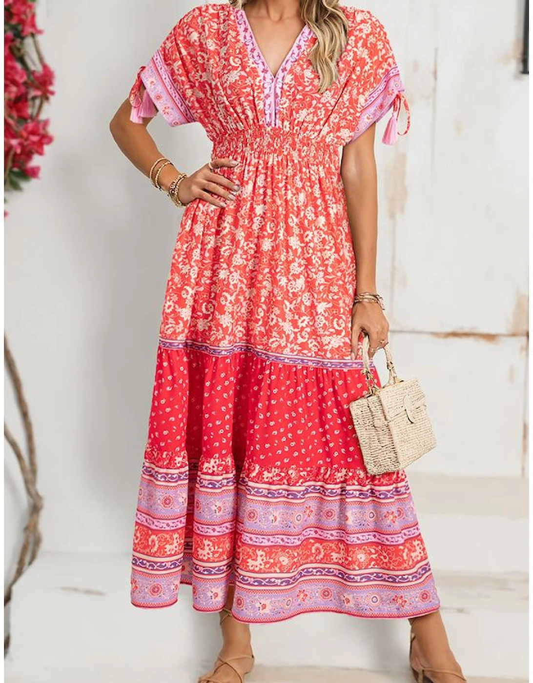 Red Floral Print Tasseled Tied Sleeve Empire Waist Maxi Dress