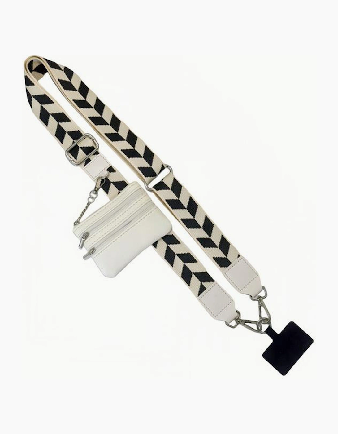 Black Geometric Printed Phone Strap And Detachable Zipped Pouch