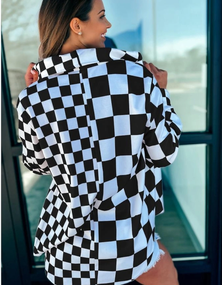 Black Checkerboard Flap Pocket Button Front Shacket