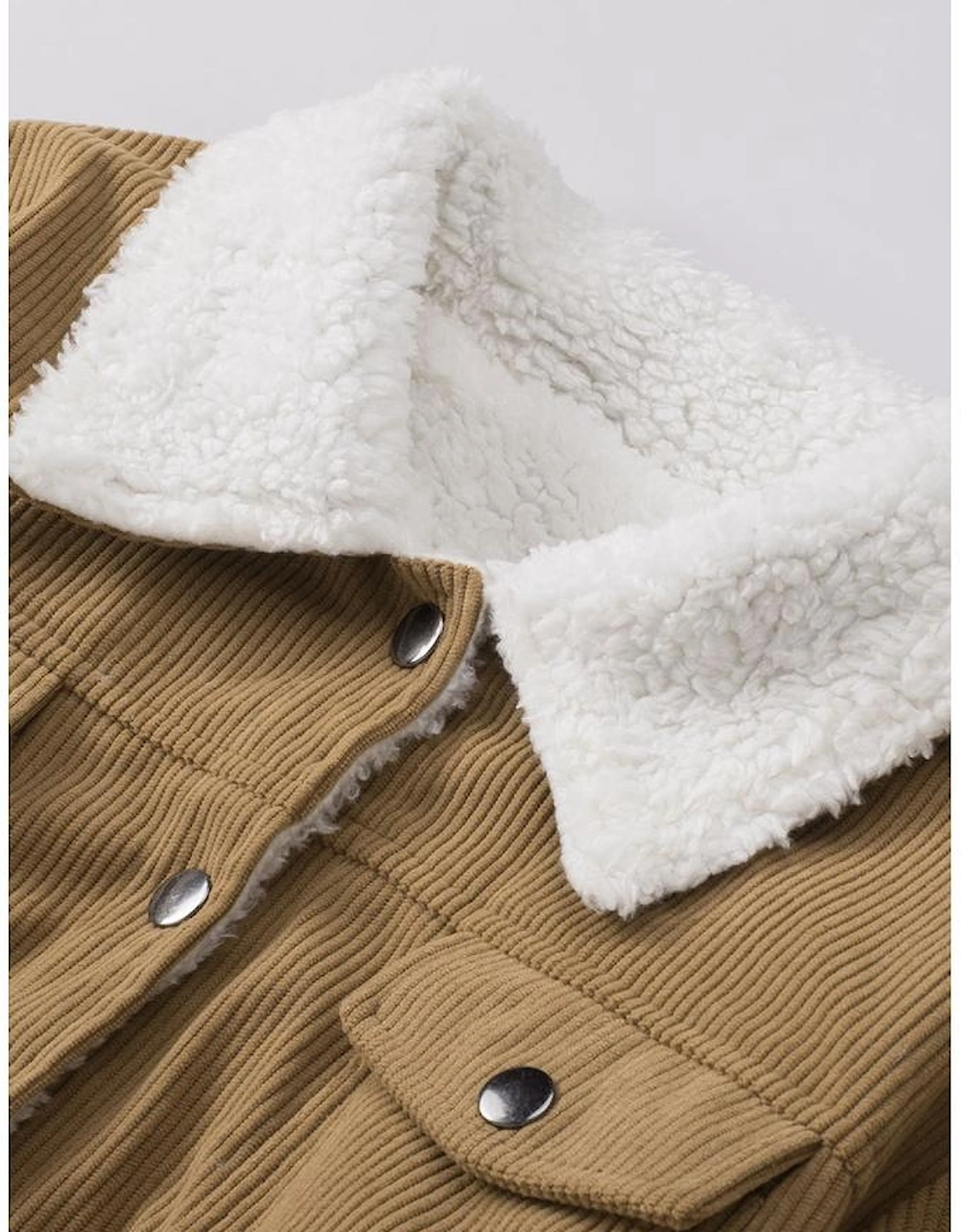 Khaki Corduroy Sherpa Snap Button Flap Jacket