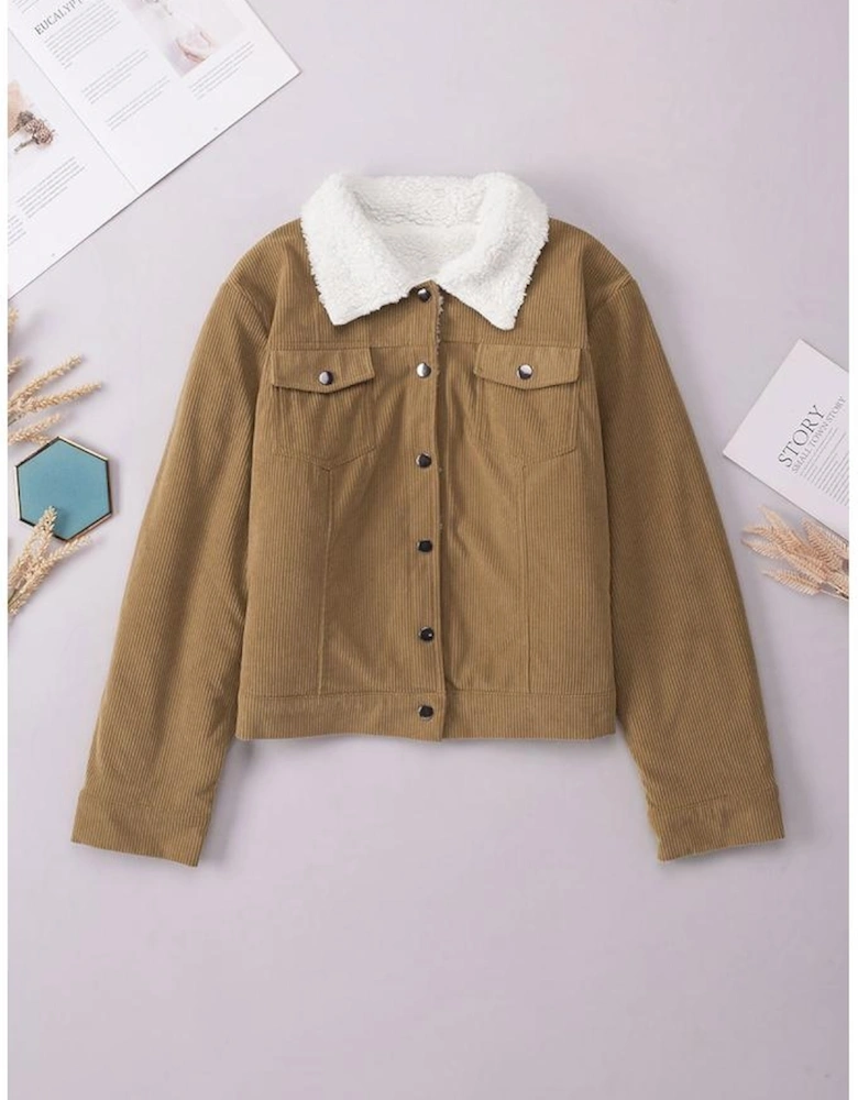 Khaki Corduroy Sherpa Snap Button Flap Jacket