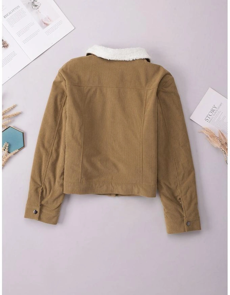 Khaki Corduroy Sherpa Snap Button Flap Jacket